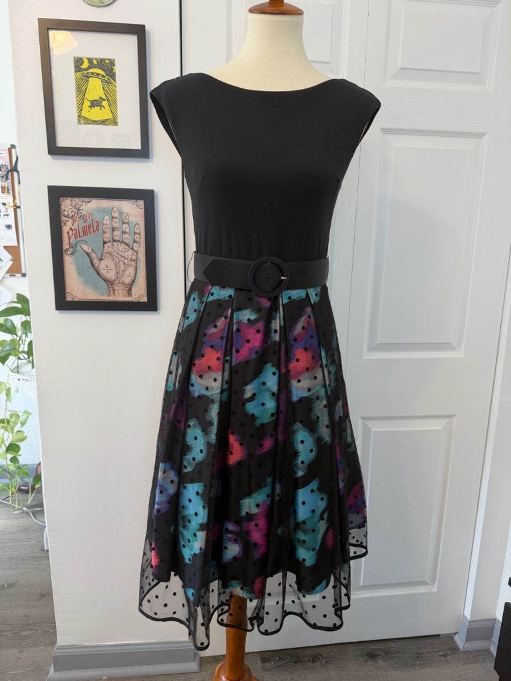 Eliza J. Fit-and-Flare Dress with Colorful Watercolor Skirt and Polka Dots